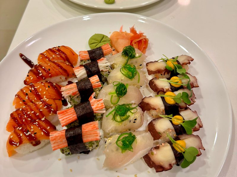 A platter of nigiri prepared for a sushi dinner in a villa in Playas del Coco